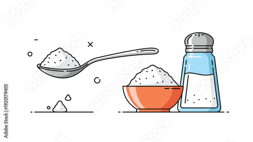 Food seasoning elements including a glass salt shaker and a heap of white salt on a metal spoon are illustrated in a simple vector style.
