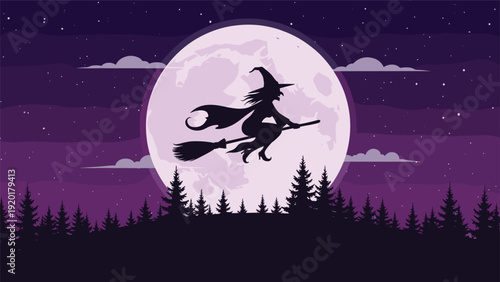 Dark silhouette of a witch flying on a broomstick across a giant full moon over a pine forest creates a spooky Halloween night scene.