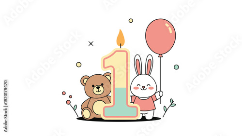 Celebration of a first birthday featuring a large number one candle surrounded by a soft teddy bear, a bunny, and a pink balloon.