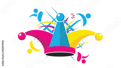 Vibrant jester hat with pink, blue, and yellow sections is surrounded by colorful abstract lines and shapes in a festive carnival theme.