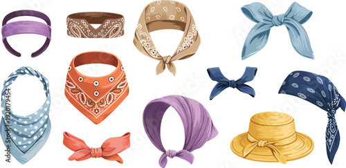 Collection of stylish women headscarves and bandanas isolated on white background, featuring patterned kerchiefs, hair wraps, bows and summer fashion accessories