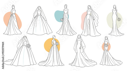 Selection of elegant wedding dress sketches displays various bridal gown silhouettes with subtle pastel colored shapes in the background.