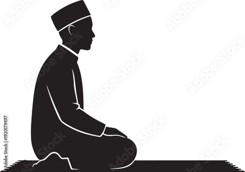 Muslim Man Sitting in Salah Prayer Position Silhouette – Islamic Worship and Faith Illustration