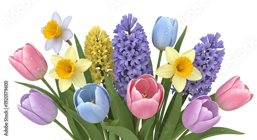 Spring Flower Bouquet with Pink Tulips and Yellow Daffodils

Colorful Spring Blooms featuring Purple Hyacinths and Blue Tulips

Fresh Floral Arrangement for Mother's Day or Easter