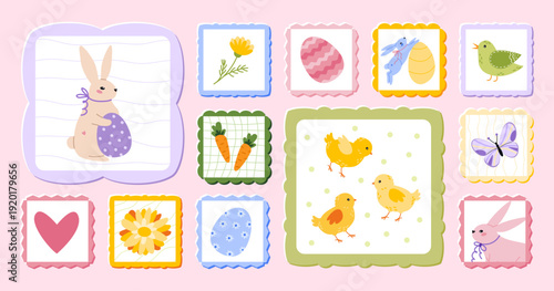 Festive collection of Easter postage stamps on light background. Decorated eggs, bunny, floral, butterfly, carrots, bird and chickens. Vector design for spring cards.