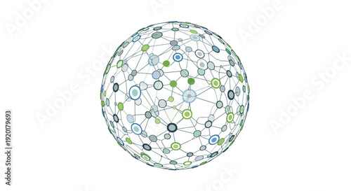A stylized illustration of a globe with interconnected nodes and lines in blue, green, and white hues, symbolizing Global Unity and International Cooperation on a white background.