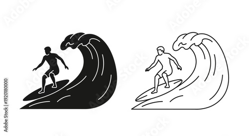 Surfing illustration: wave, surfboard, ocean, sport, surfer, water, beach, summer, action, adventure, Vector