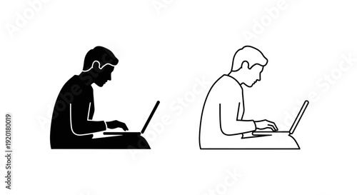 Two people working on laptops in a minimalist style illustration Vector