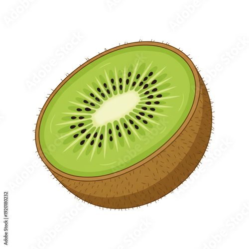 A fresh slice of ripe green kiwi fruit isolated on a white background offers a juicy and healthy macro view of this sweet tropical food rich in vitamins