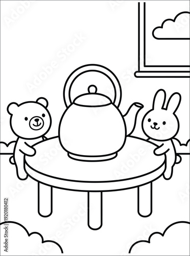 Cute Bear and Rabbit Tea Party Coloring Page