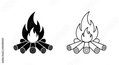 Two campfires burning brightly on a dark night, simple line drawing, vector illustration Vector