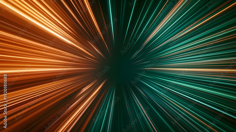 Obraz premium Vibrant light beams radiate outward dynamic display of orange and teal colors, creating sense 