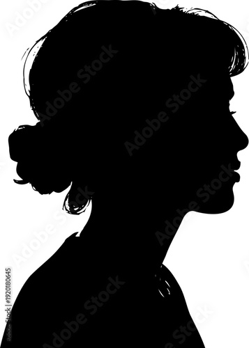 A black silhouette of a woman's head and shoulders against a white background