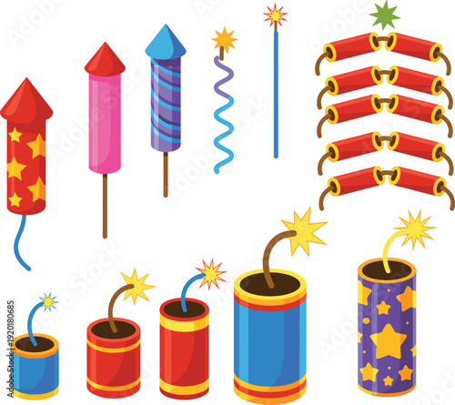 Colorful firework crackers and rockets vector set with sparklers and explosive effects, festive celebration elements for party, festival, holiday illustration collection