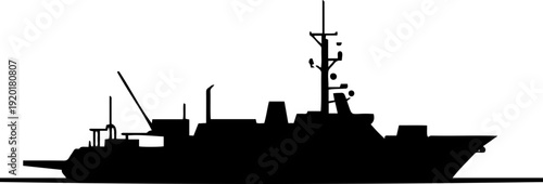 A black silhouette of a naval ship on a white background, a minimalist vector graphic design