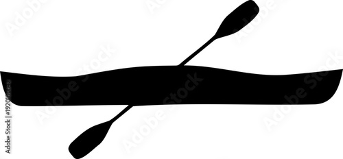 A minimalist black silhouette of a canoe with crossed paddles on a white background