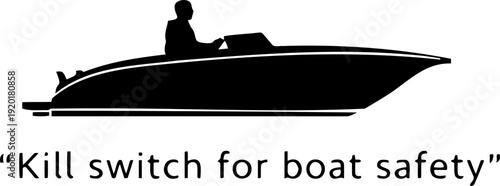 A black silhouette of a boat with a kill switch for safety on a white background