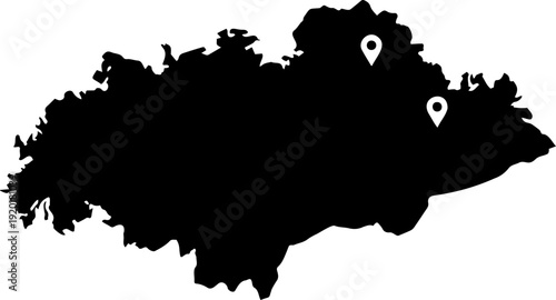 A black silhouette map of an island with two white location pins on a plain white background