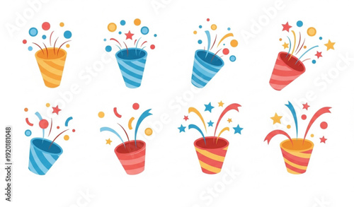 Cute Festive Party Popper Confetti Cartoon Icon Set
