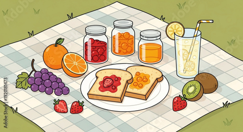 Delicious outdoor picnic spread with toast fresh fruits and jars of homemade preserves on a checkered blanket in a serene green setting