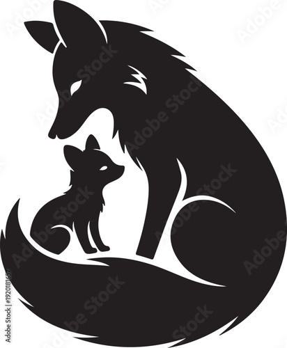 Elegant Black Fox Family Silhouette Illustration - Mother and Cub