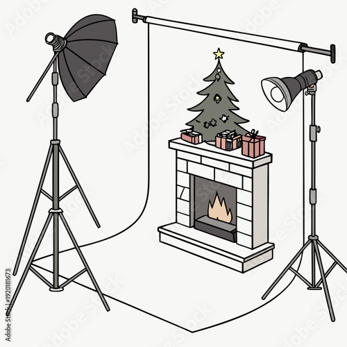Christmas Photo Studio Setup with Fireplace and Tree.