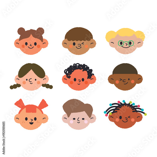 Diverse multicultural children faces set flat illustration