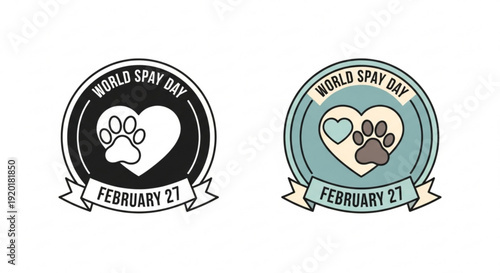 World spay day badges with heart and paw print design for animal welfare awareness on february 27