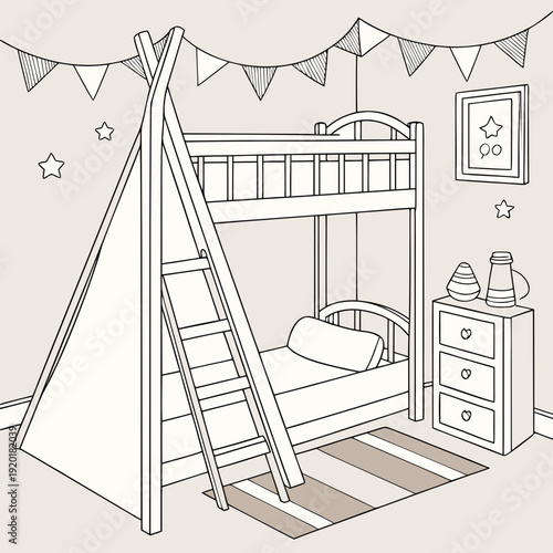 Cozy Kids Room Coloring Page with Bunk Bed and Teepee.