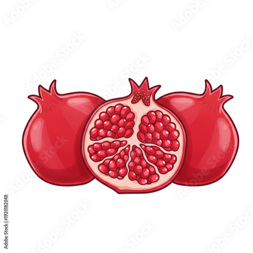 Fresh organic pomegranate fruit with green leaves, featuring a whole ripe garnet and a juicy half cut to reveal sweet red seeds for a healthy vegetarian diet