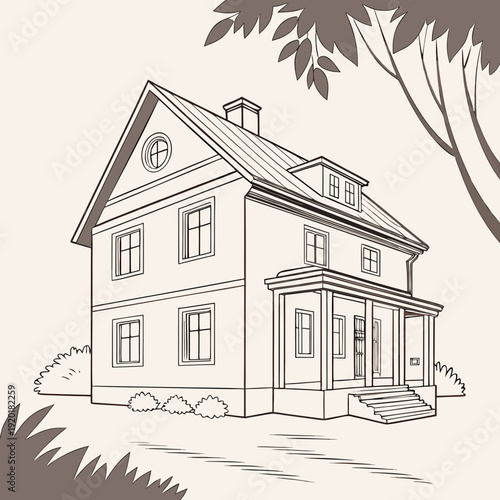 Detailed Line Art Illustration of a TwoStory House.