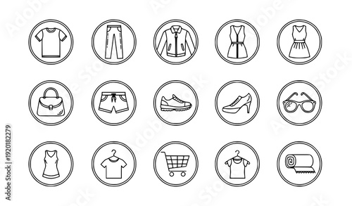 Fashion Clothing Badge Line Icon Set with T Shirt Dress Pants Jacket and Shoe Symbols