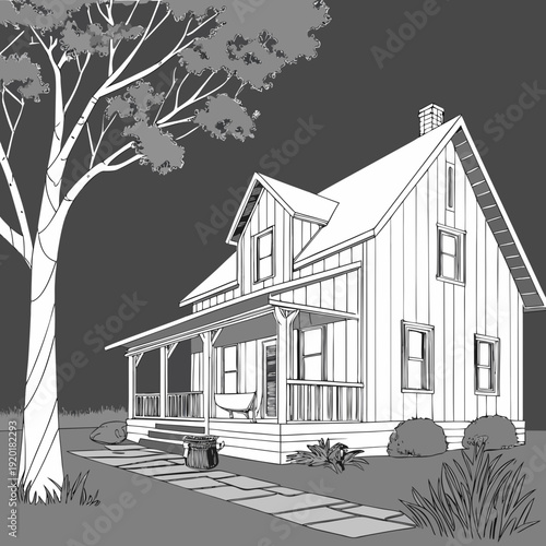 Detailed Line Art of a Farmhouse with Tree.