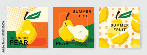 Abstract colorful  fruit card background set. Minimalist poster with pair. Modern summer and spring wallpaper design for drink menu, promotion, beverages, ads.