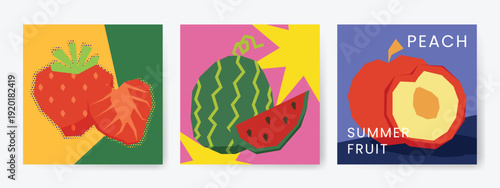 Abstract colorful fruit card background set. Minimalist poster with pineapple, orange, watermelon. Modern summer and spring wallpaper design for drink menu, promotion, beverages, ads.