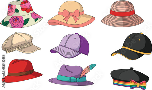 Colorful Women and Men Hat Collection Including Floral Bucket, Sun Hat, Fedora, Baseball Cap and Beret Isolated on White Background Vector Set