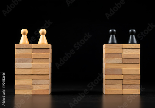 Two opposing towers constructed from wooden blocks with contrasting colored game pieces at the top