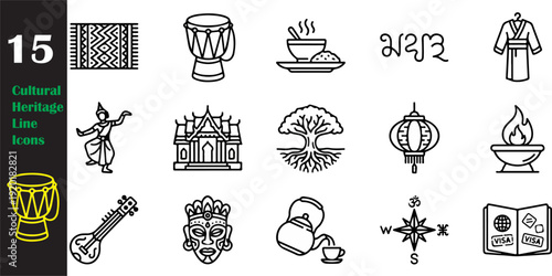 Cultural Heritage Line Icons - Identity and Belonging Traditions Set