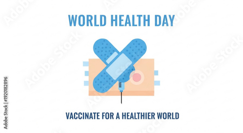 World health day banner with band aid and syringe vaccinate for a healthier world concept flat design blue and beige colors