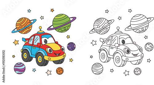 Cute cartoon space car coloring page for kids. Vector illustration of a funny vehicle with planets and stars, including a colorful example and black and white outline.