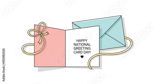 Greeting cards and envelope with happy national greeting card day message on white background