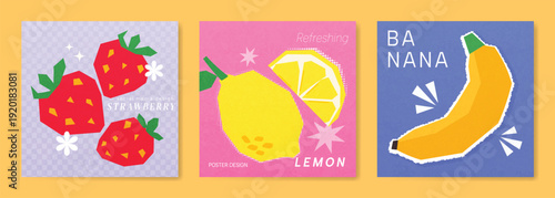 Abstract colorful fruit card background set. Minimalist poster with lemon, strawberry, banana . Modern summer and spring wallpaper design for drink menu, promotion, beverages, ads.