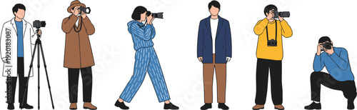 Professional photographers with cameras in different shooting poses isolated on white background for media journalism photography and creative industry concepts