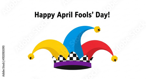 Colorful jester hat with happy april fools' day text on white background symbolizing pranks and jokes on april 1st holiday