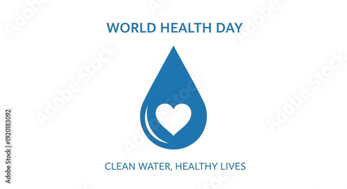 World health day logo with blue water drop and heart symbol for clean water and healthy lives campaign