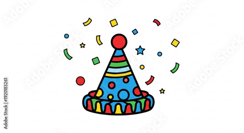 Colorful party hat with confetti and stars on white background celebrating birthday or festive occasion