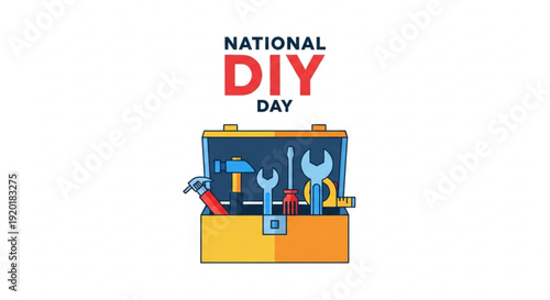 National diy day celebration with toolbox and various tools inside on white background