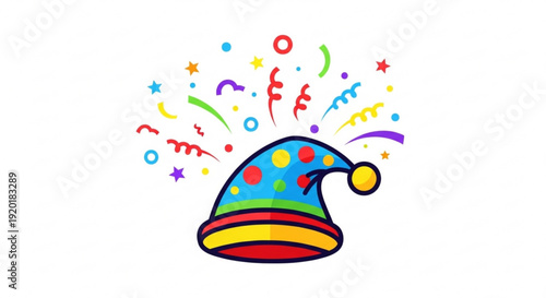 Colorful jester's hat with confetti and stars on white background celebrating fun and joy in a festive atmosphere with vibrant decorations