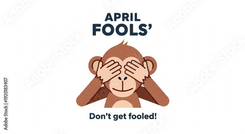 Cartoon monkey covering face with hands april fools' day concept with text