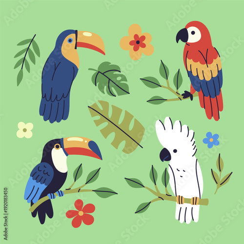 Set of toucans, parrots, and tropical leaves. Vector graphics.